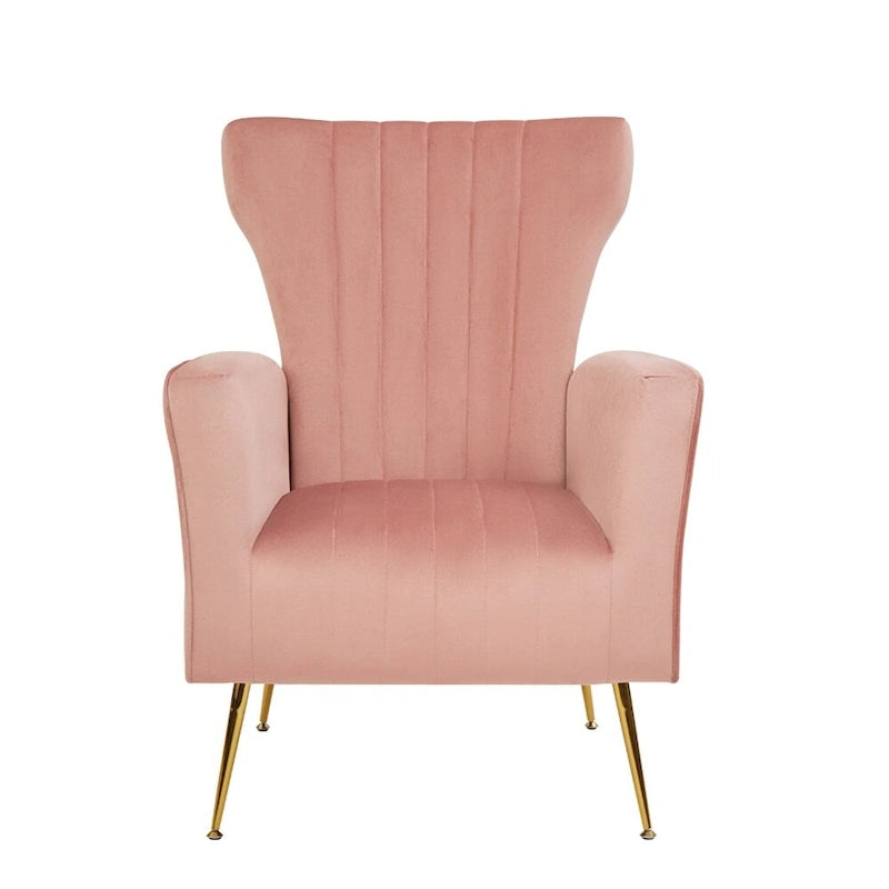 Sillón decorativo de terciopelo con respaldo alto y patas de metal dorado