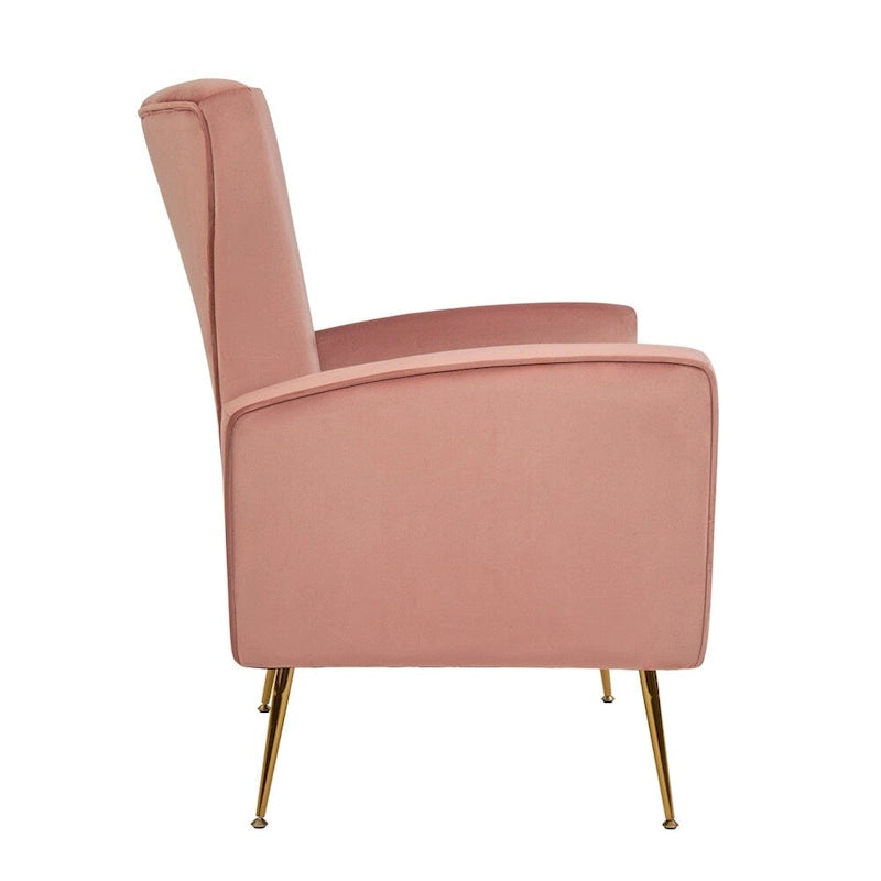 Sillón decorativo de terciopelo con respaldo alto y patas de metal dorado