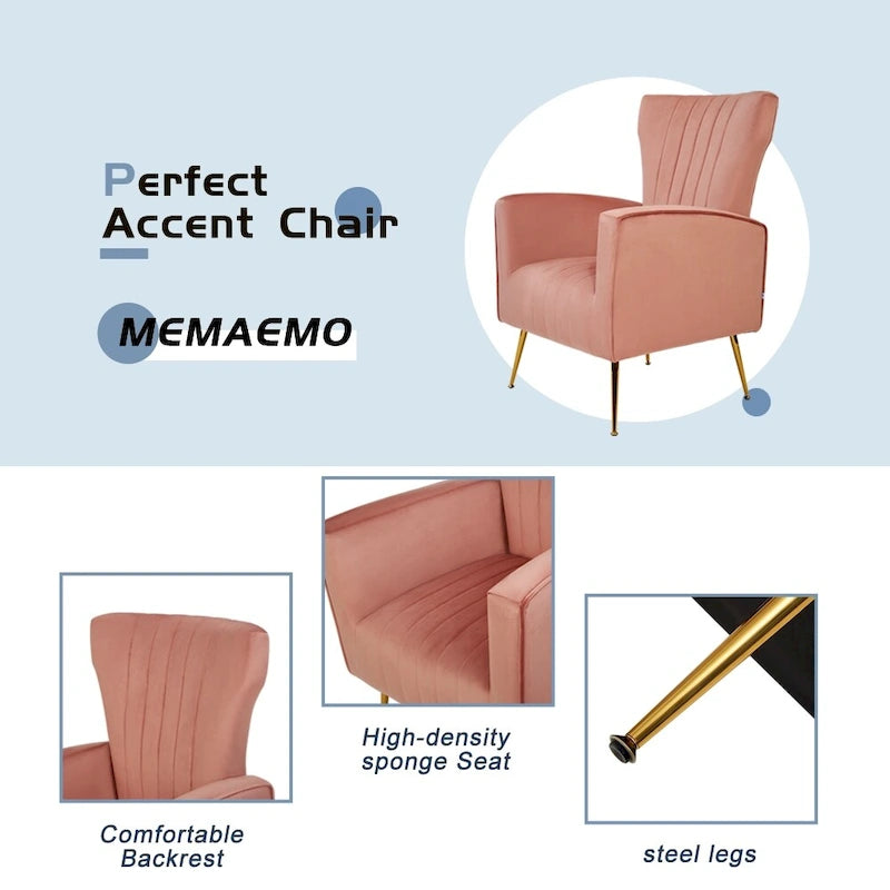 Sillón decorativo de terciopelo con respaldo alto y patas de metal dorado