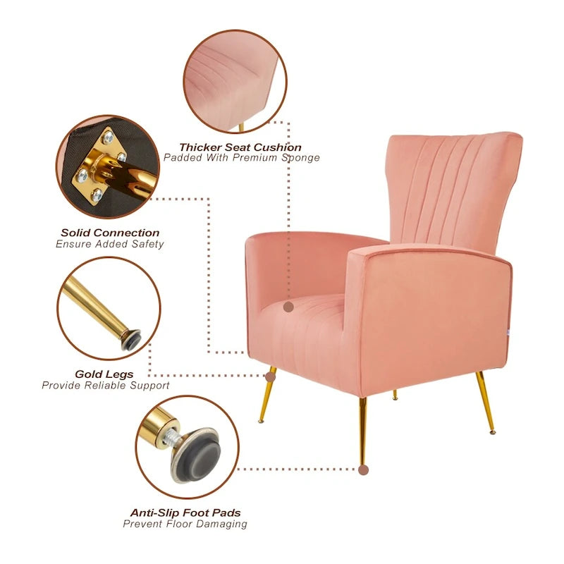 Sillón decorativo de terciopelo con respaldo alto y patas de metal dorado