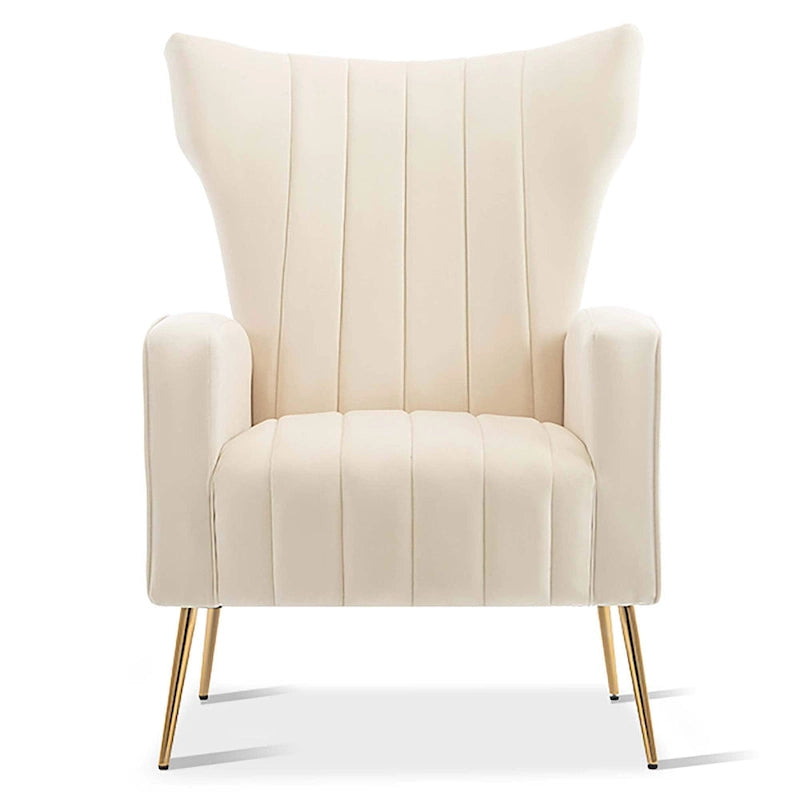 Sillón decorativo de terciopelo con respaldo alto y patas de metal dorado
