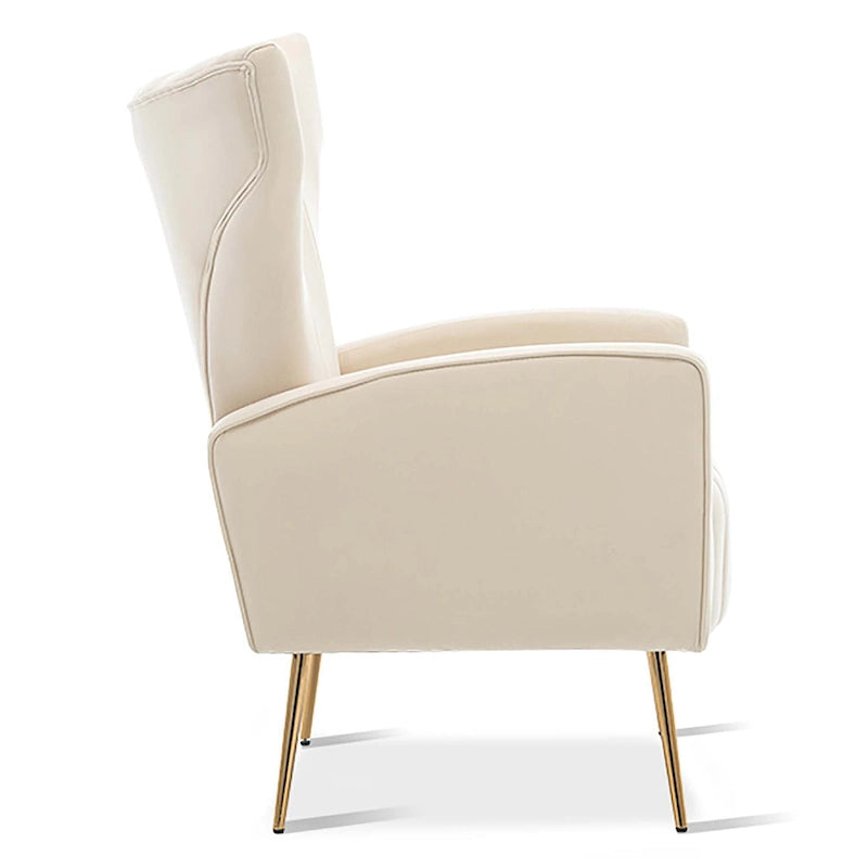 Sillón decorativo de terciopelo con respaldo alto y patas de metal dorado
