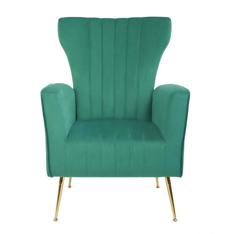 Sillón decorativo de terciopelo con respaldo alto y patas de metal dorado