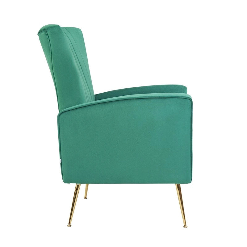 Sillón decorativo de terciopelo con respaldo alto y patas de metal dorado