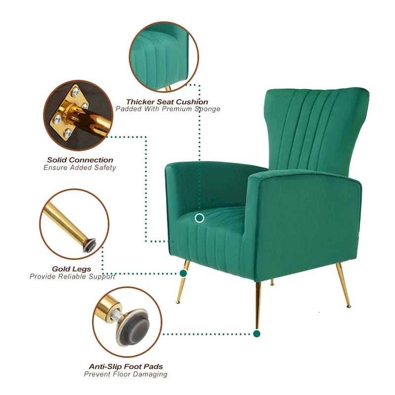 Sillón decorativo de terciopelo con respaldo alto y patas de metal dorado