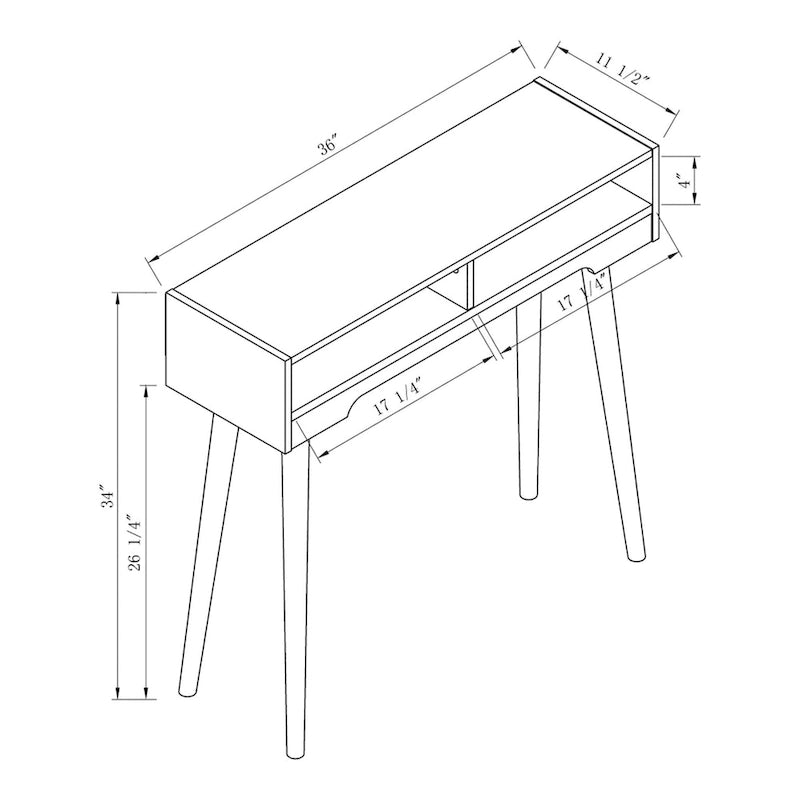 Mesa consola moderna de mediados de siglo con 2 estantes