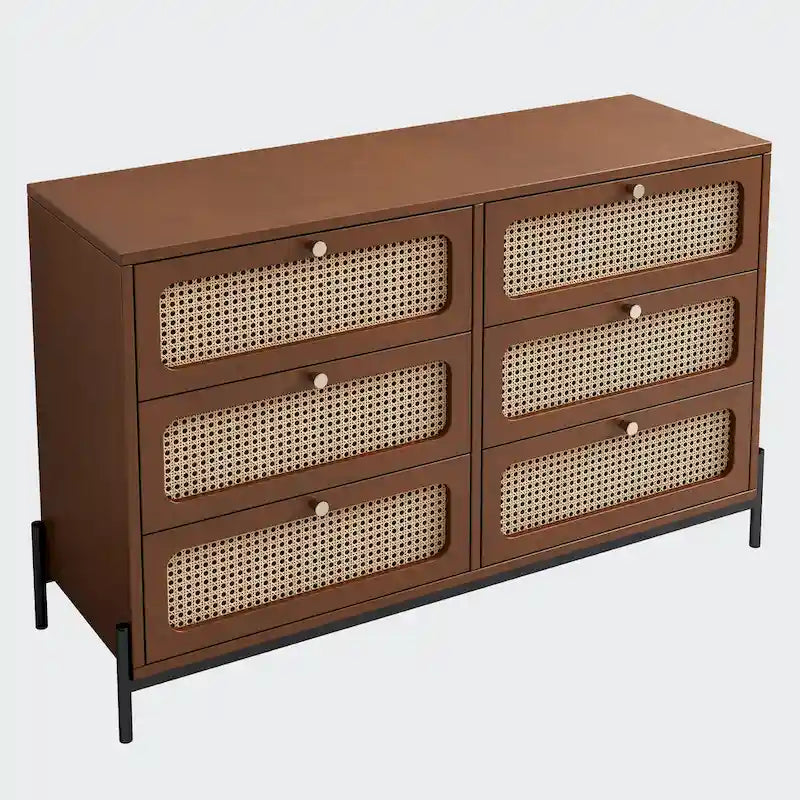 Cassettiera in rattan con 6 cassetti e gambe in metallo