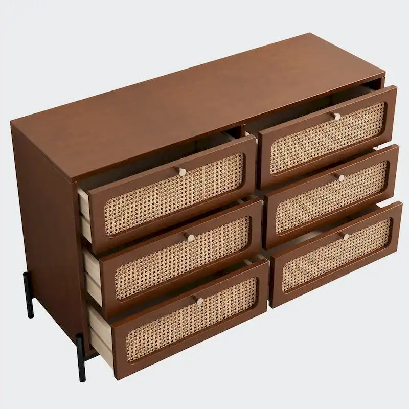 Cassettiera in rattan con 6 cassetti e gambe in metallo
