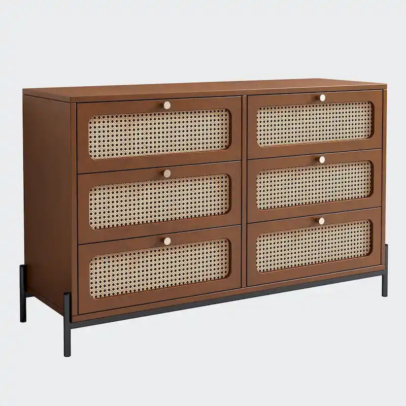6-Drawer Rattan Dresser with Metal Legs
