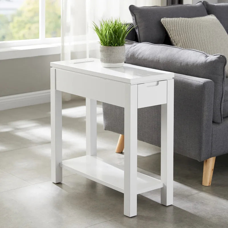Table d'appoint avec tiroir et étagère ouverte, en bois massif, avec recharge