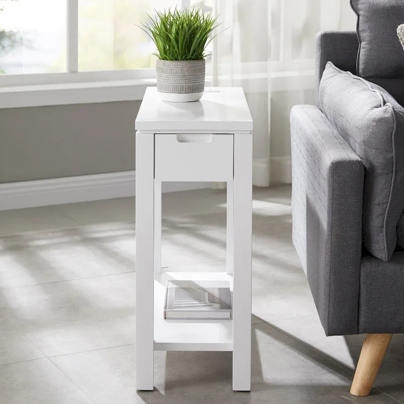 Table d'appoint avec tiroir et étagère ouverte, en bois massif, avec recharge