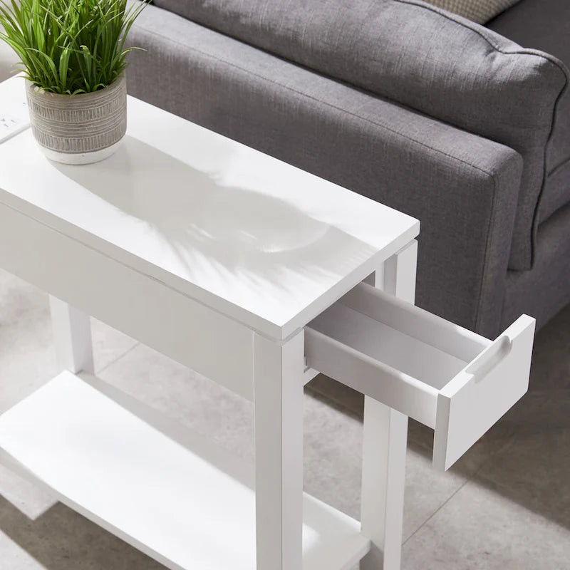 Table d'appoint avec tiroir et étagère ouverte, en bois massif, avec recharge
