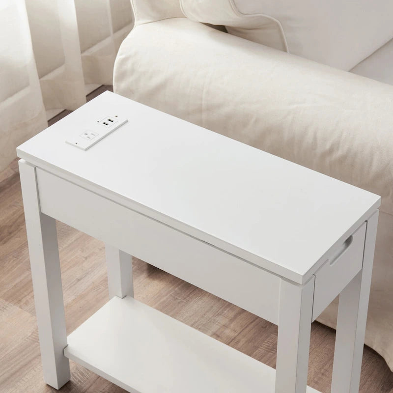 Table d'appoint avec tiroir et étagère ouverte, en bois massif, avec recharge