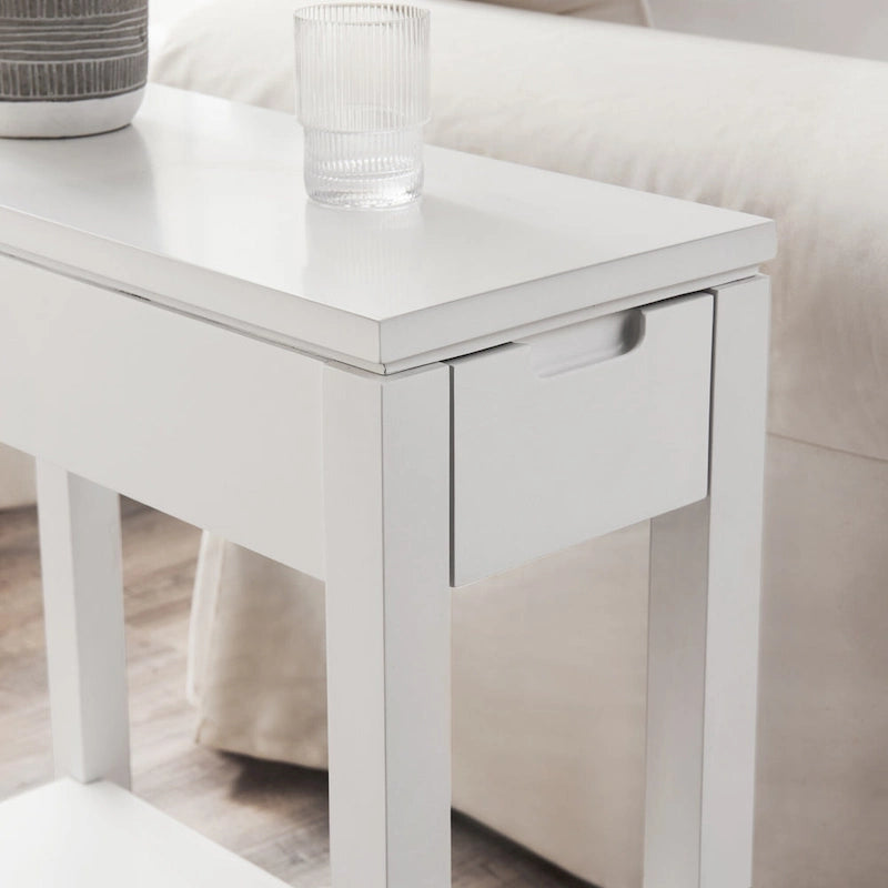 Table d'appoint avec tiroir et étagère ouverte, en bois massif, avec recharge