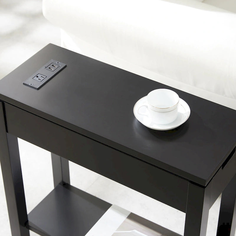 Table d'appoint avec tiroir et étagère ouverte, en bois massif, avec recharge