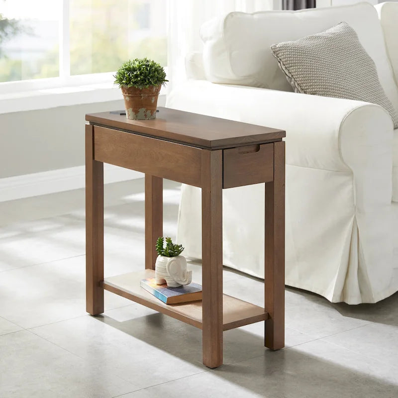 Table d'appoint avec tiroir et étagère ouverte, en bois massif, avec recharge