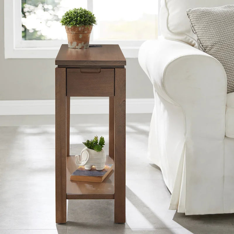 Table d'appoint avec tiroir et étagère ouverte, en bois massif, avec recharge