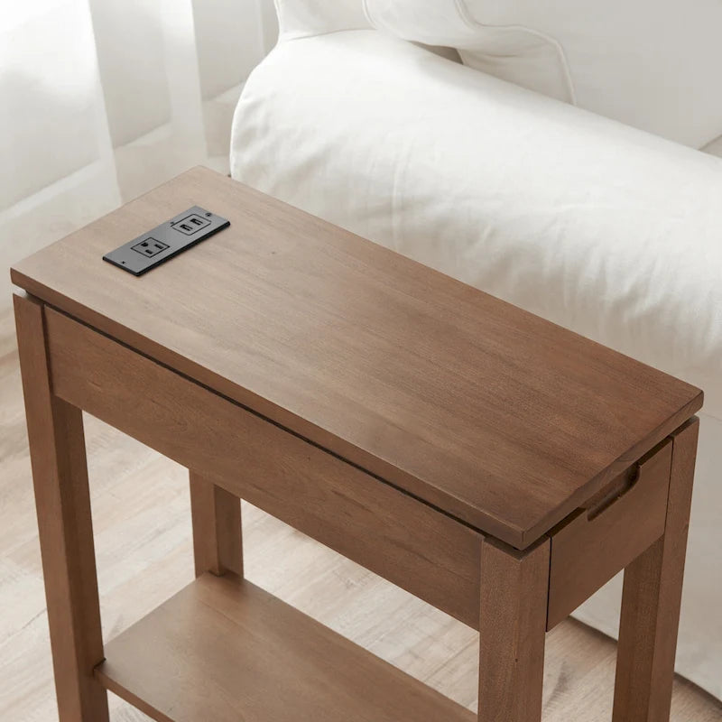 Table d'appoint avec tiroir et étagère ouverte, en bois massif, avec recharge