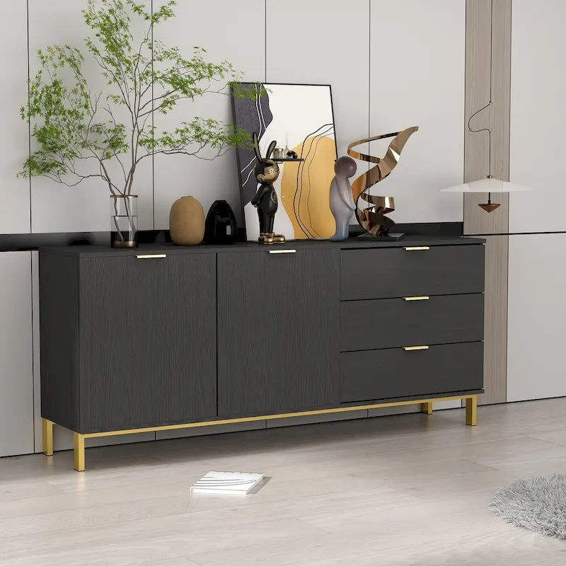 Cassettiera moderna di metà secolo con gambe dorate e spazio contenitore misto