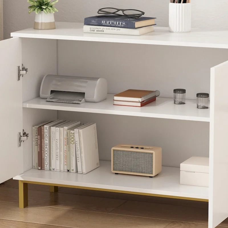 Cassettiera moderna di metà secolo con gambe dorate e spazio contenitore misto