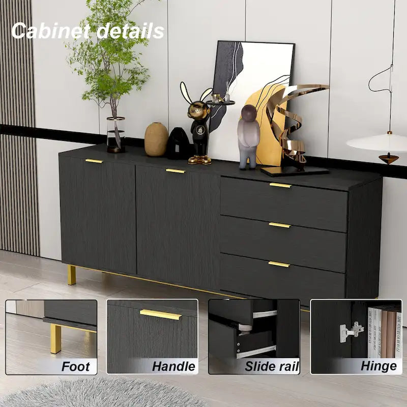 Cassettiera moderna di metà secolo con gambe dorate e spazio contenitore misto