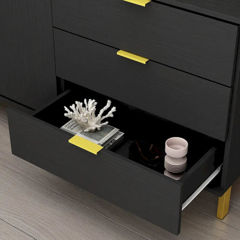 Cassettiera moderna di metà secolo con gambe dorate e spazio contenitore misto