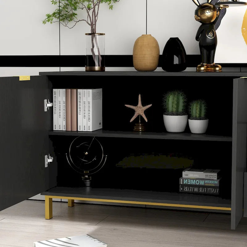 Cassettiera moderna di metà secolo con gambe dorate e spazio contenitore misto