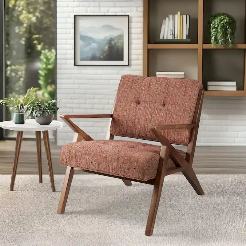 Gepolsterter Mid-Century-Modern-Sessel mit angewinkelten Holzarmlehnen