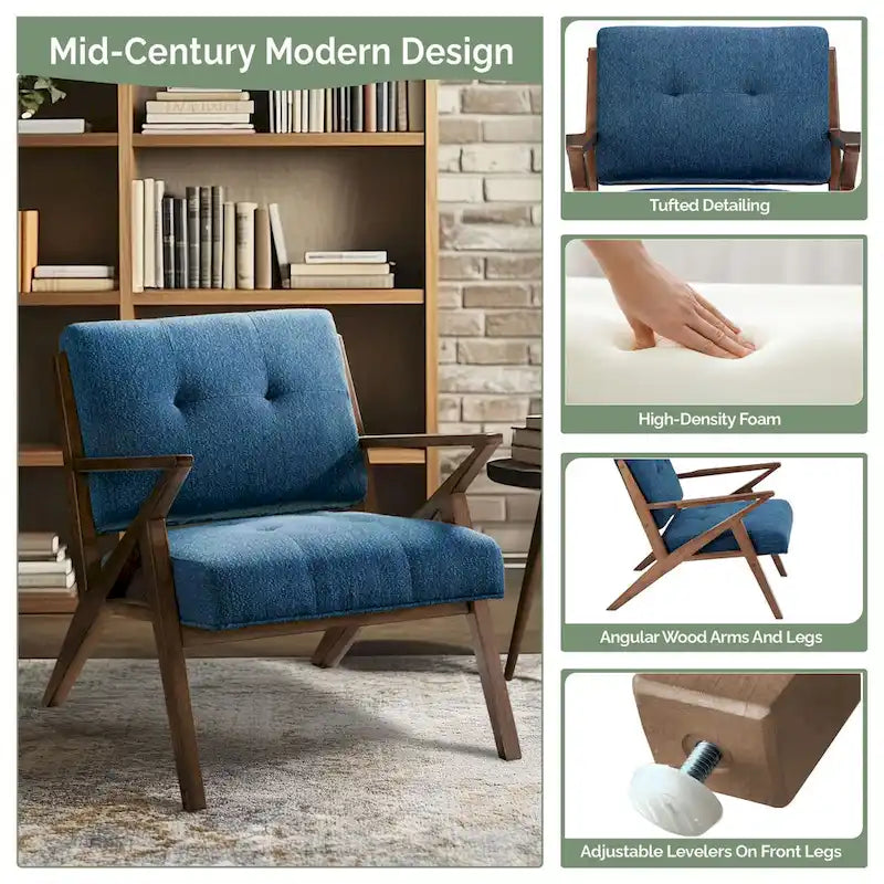 Gepolsterter Mid-Century-Modern-Sessel mit angewinkelten Holzarmlehnen
