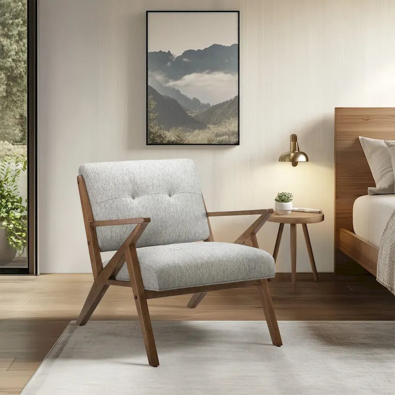 Gepolsterter Mid-Century-Modern-Sessel mit angewinkelten Holzarmlehnen