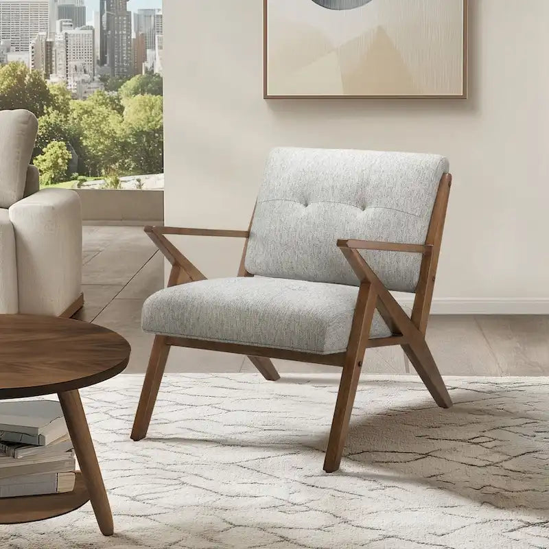 Gepolsterter Mid-Century-Modern-Sessel mit angewinkelten Holzarmlehnen