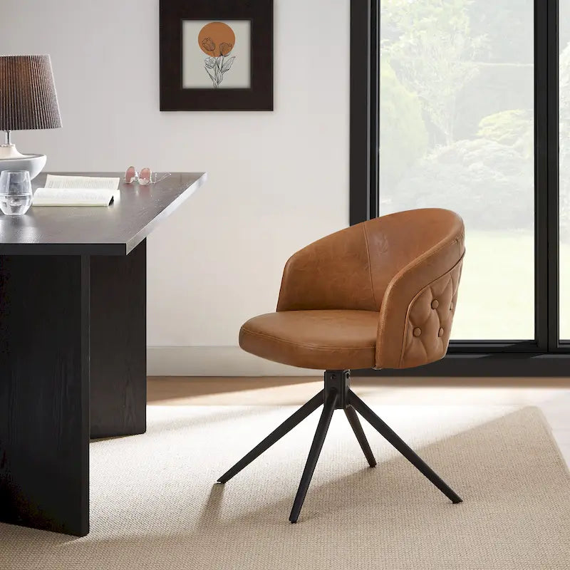 Faux Leather Swivel Accent Chair with Button-Tufted Back