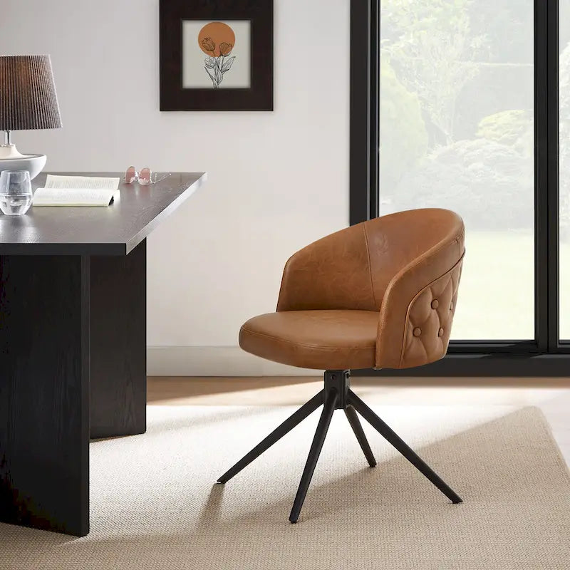 Faux Leather Swivel Accent Chair with Button-Tufted Back