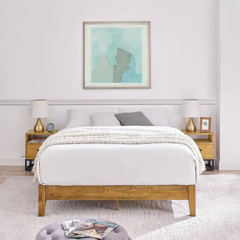 Mid-Century Solid Pine Wood Platform Bed Frame with Wood Slat Support