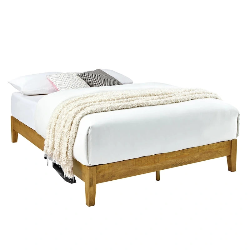 Mid-Century Solid Pine Wood Platform Bed Frame with Wood Slat Support