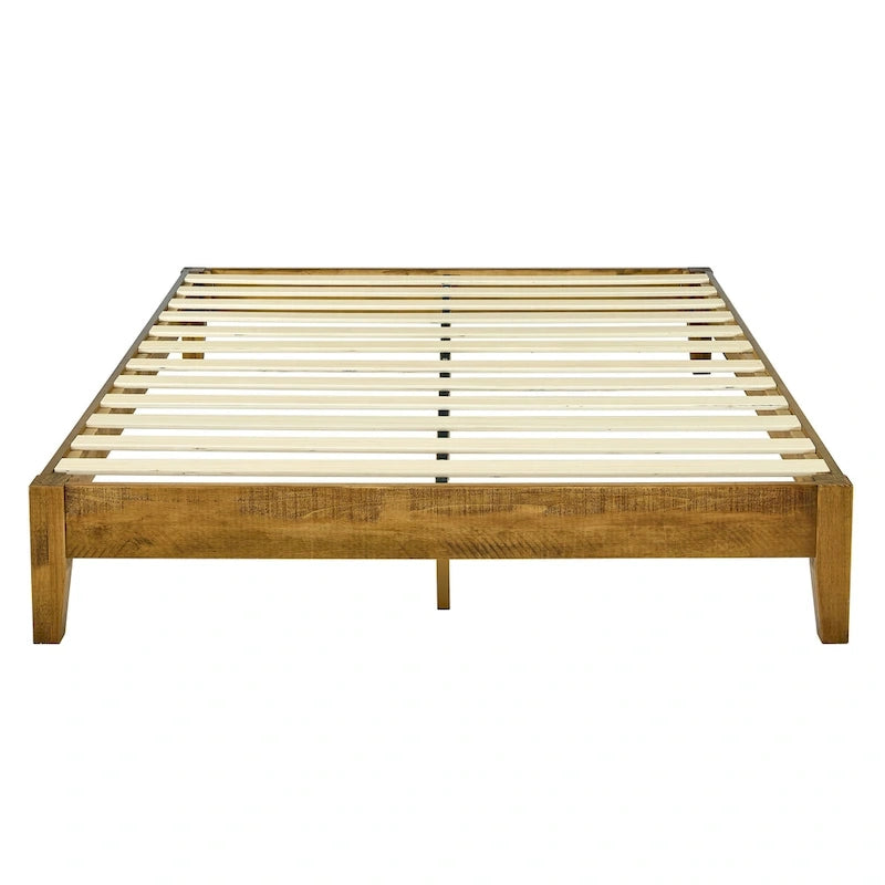 Mid-Century Solid Pine Wood Platform Bed Frame with Wood Slat Support