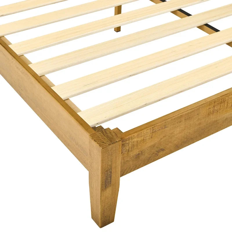 Mid-Century Solid Pine Wood Platform Bed Frame with Wood Slat Support