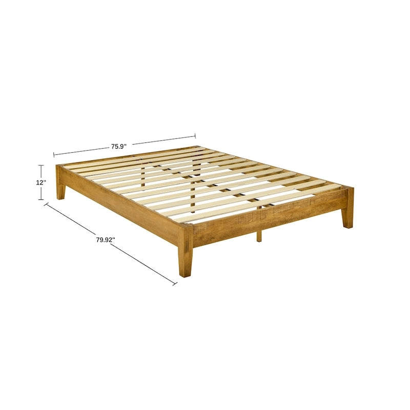 Mid-Century Solid Pine Wood Platform Bed Frame with Wood Slat Support