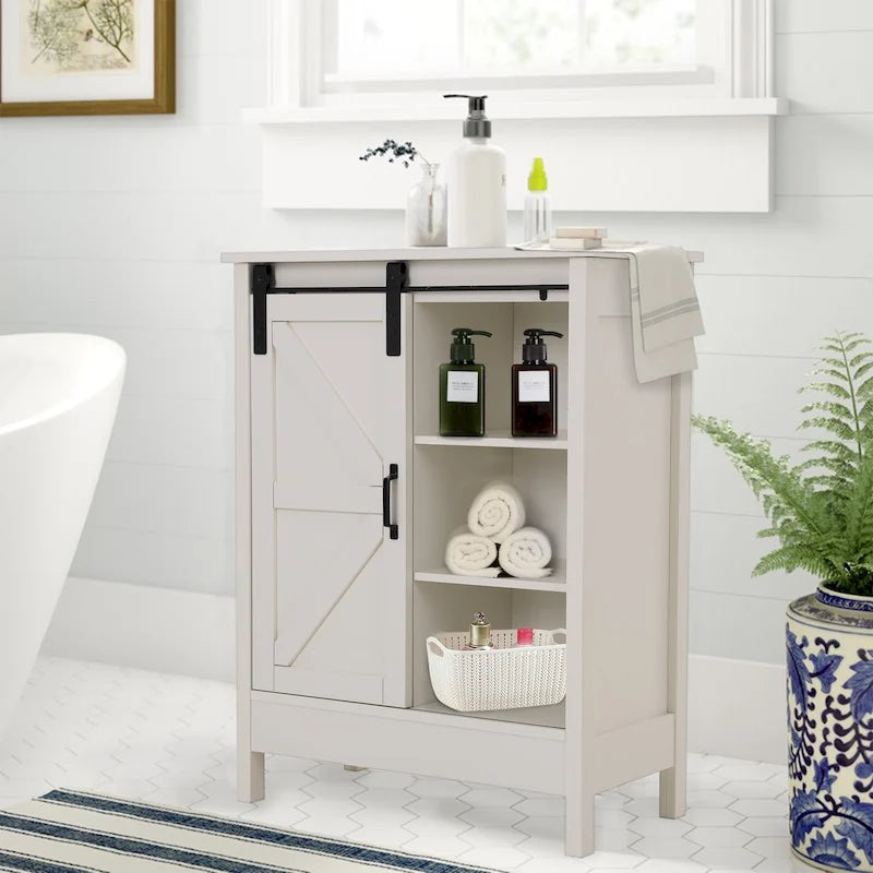 Mobile contenitore da pavimento per bagno in stile rustico con anta scorrevole tipo fienile