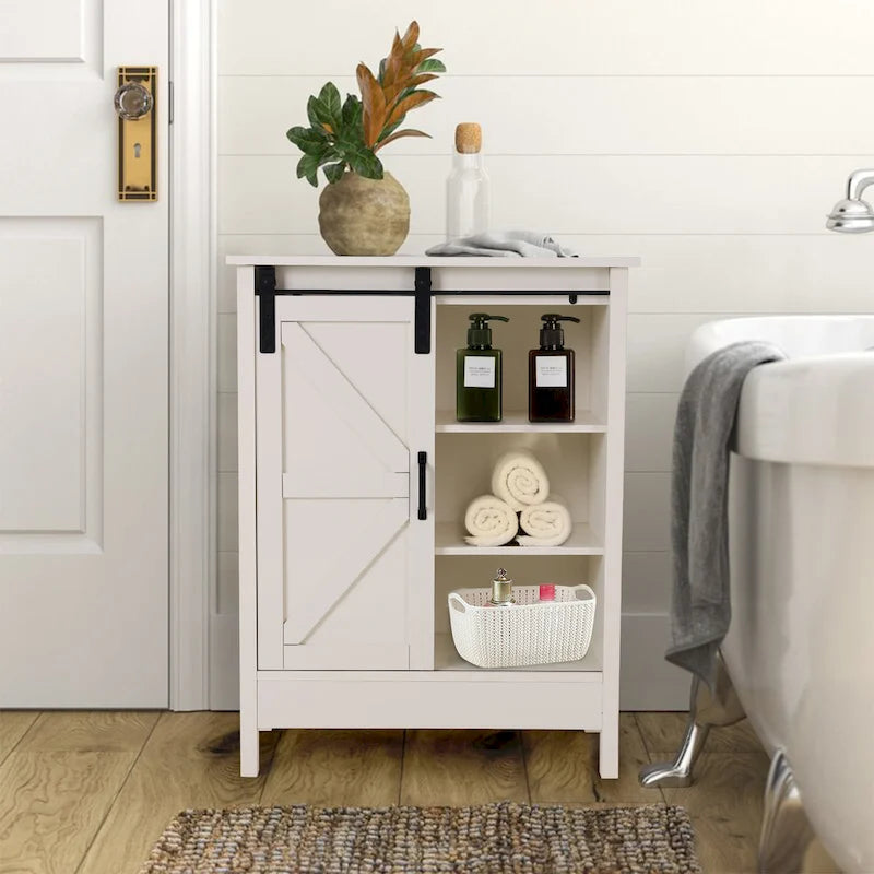 Farmhouse Bathroom Floor Storage Cabinet with Sliding Barn Door