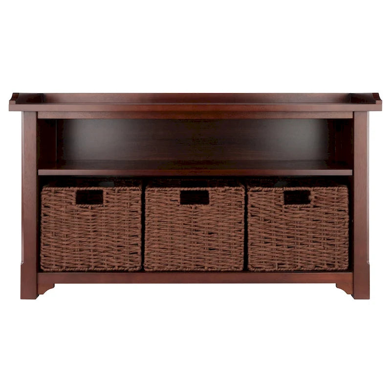 Banquette de rangement avec étagère ouverte pour chaussures et 3 paniers tressés pliables