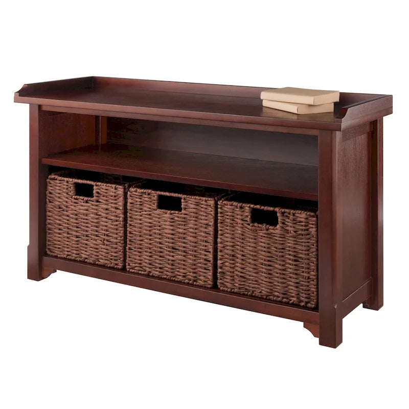 Banquette de rangement avec étagère ouverte pour chaussures et 3 paniers tressés pliables