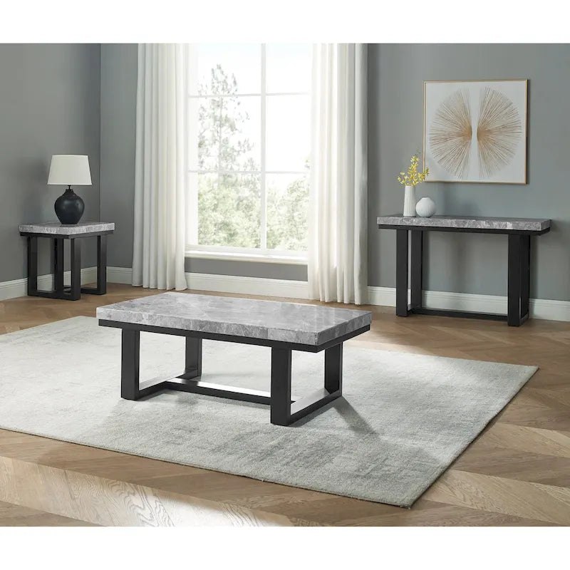 Mesa auxiliar con revestimiento de mármol gris y base tipo trineo color espresso