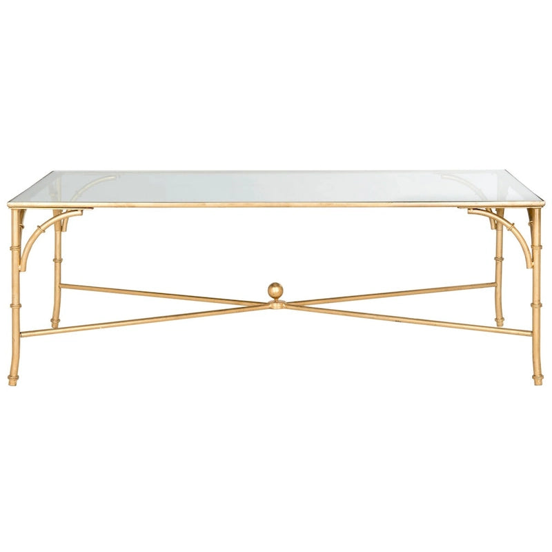Mesa de centro de hierro dorado con acabado de bambú sintético y cubierta de vidrio templado