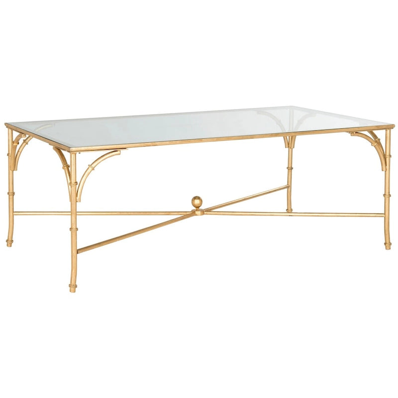 Mesa de centro de hierro dorado con acabado de bambú sintético y cubierta de vidrio templado