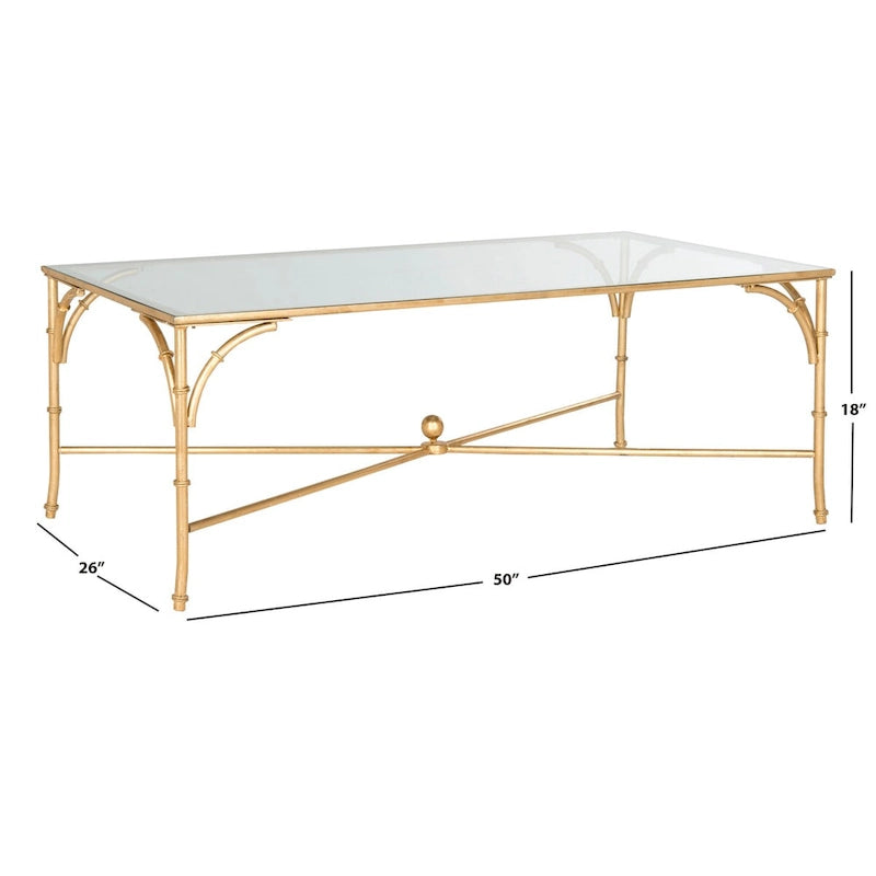 Mesa de centro de hierro dorado con acabado de bambú sintético y cubierta de vidrio templado