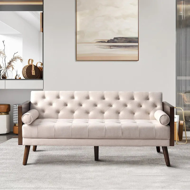 Mid-Century Modern Fabric Sofa with Button-Tufted Detail & Gold-Tipped Legs