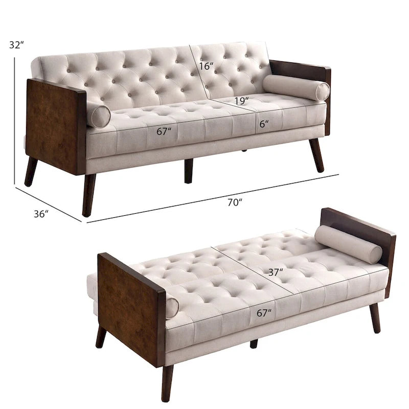 Mid-Century-Modern-Stoffsofa mit Knopfsteppung und goldfarbenen Beinenden