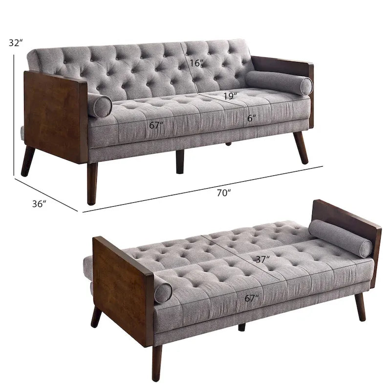 Mid-Century Modern Fabric Sofa with Button-Tufted Detail & Gold-Tipped Legs
