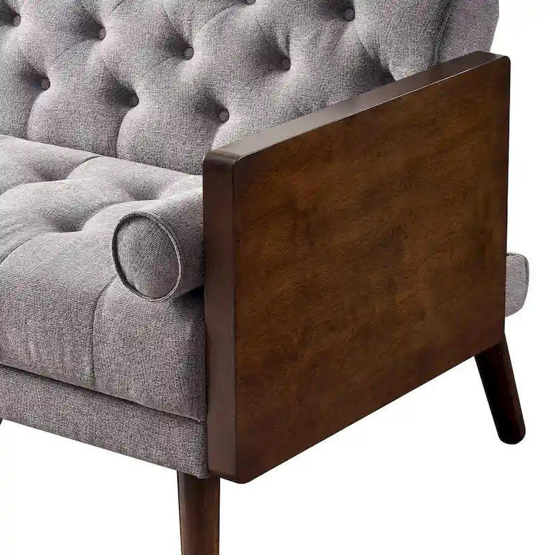 Mid-Century Modern Fabric Sofa with Button-Tufted Detail & Gold-Tipped Legs